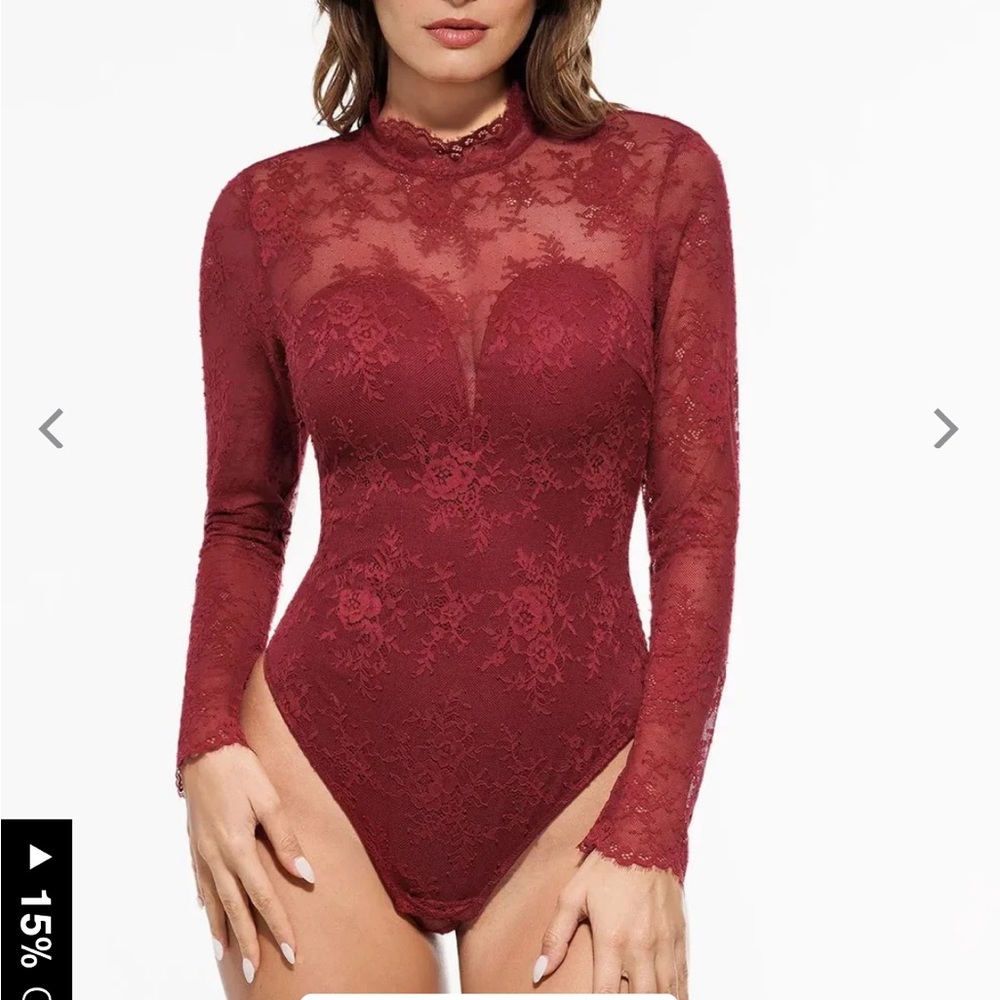 Popilush Shapewear Long Sleeve Lace Bodysuit Red - NWT Size S